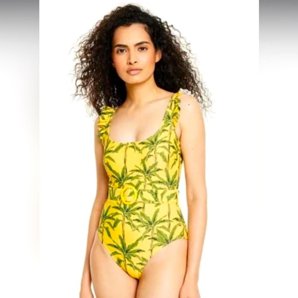Agua Bendita + Target Palm Print Yellow One Piece Belted Swim Suit with Ruffles